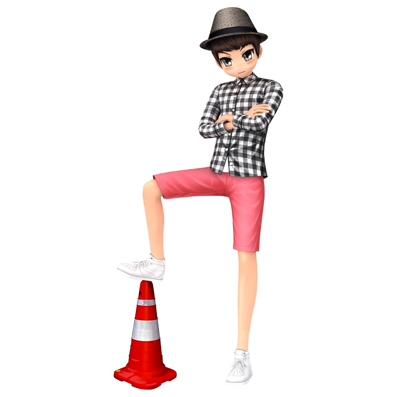 Karakter game dengan topi dan kemeja kotak-kotak